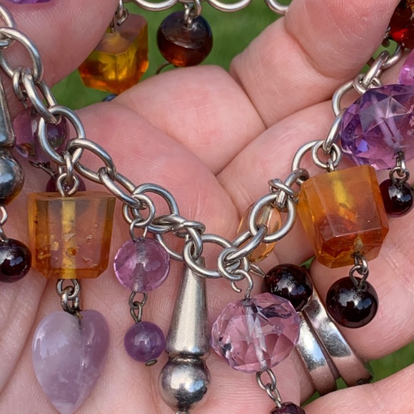 VINTAGE CHARM BRACELET HEART AMETHYST AMBER GARNET 925 STERLING SILVER UNIQUE - Picture 11 of 16
